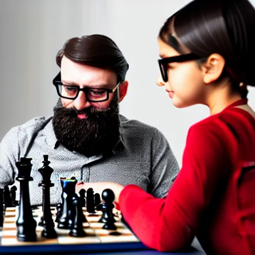 Prompt: dark haired man with dark glasses and a beard that is going grey playing chess against a 9-year old girl