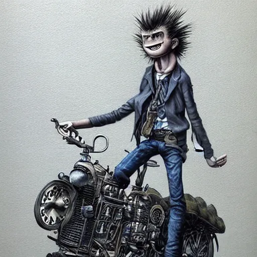 Prompt: a hyperrealistic painting of a steampunk sid vicious, blue skies, by john kenn mortensen, highly detailed,