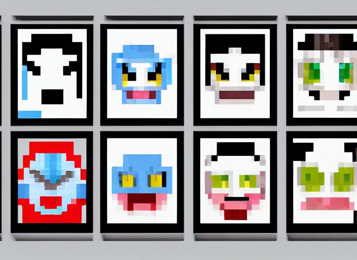 Image similar to a 3 - by - 3 grid of 9 framed closeup face portraits of cute evil robots, in the style of mega man.