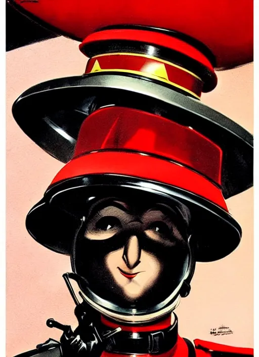 Image similar to a retrofuturistic security officer wearing black helmet and red uniform, vintage, retrofuturism, art by marc davis, marc davis artwork, poster