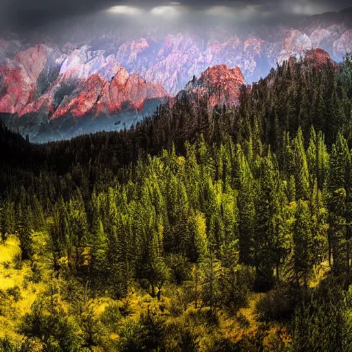 Image similar to mind exploration, vivid abstract landscape, mountains in background, trees that looks like neurons, main path is visible and energetic, large scale dimentional photo