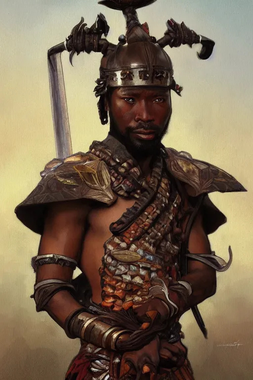 Prompt: a full body fantasy portrait oil painting illustration of an African samurai by Justin Sweet and Greg Rutkowski and Alphonse Mucha with face and body clearly visible, visible pupils, d&d, rpg, forgotten realms, artstation trending, high quality, sombre mood, artstation trending, muted colours, no crop, entire character!,