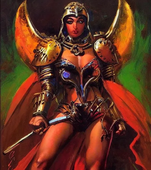 Image similar to portrait of strong iranian female chaos angel, beautiful! coherent! by frank frazetta, by brom, strong line, vivid neon color, spiked scrap metal armor, iron helm maximalist