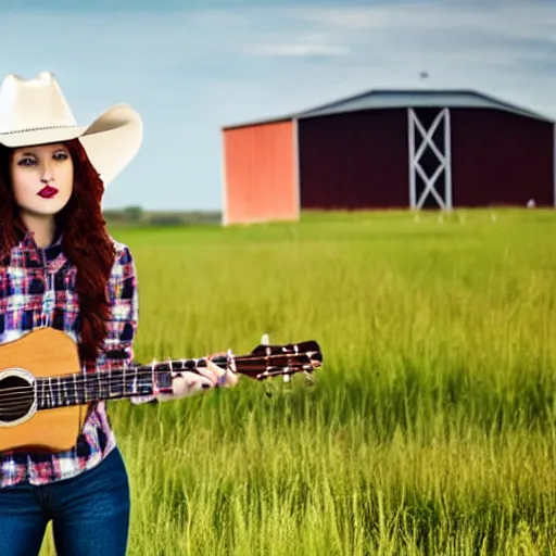 Image similar to a female fluffy anthropomorphic fox animal, head of fox, wearing cowboy hat, wearing plaid shirt, playing guitar, in a field, barn in background, album cover style