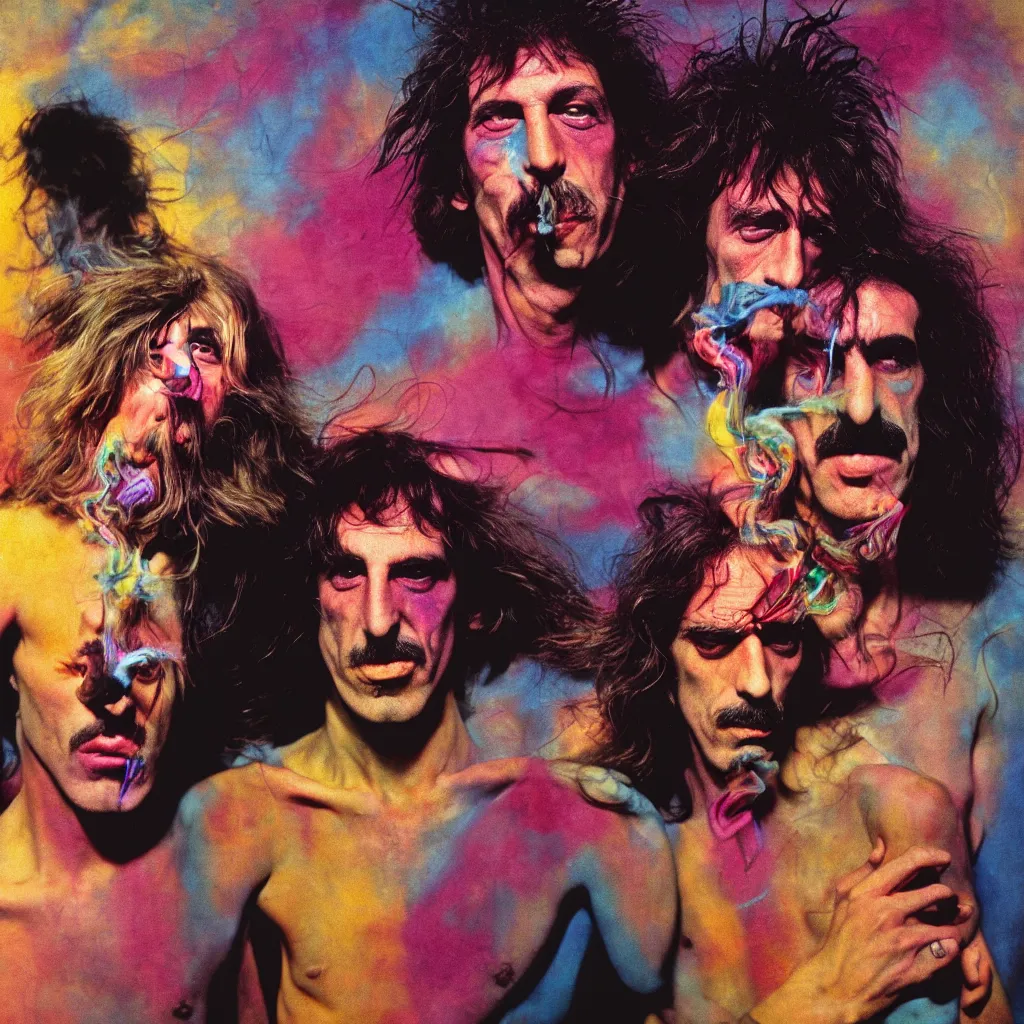 Image similar to award winning photo of pink floyd and frank zappa tripping on lsd and smoking weed, vivid colors, happy, symmetrical face, beautiful eyes, studio lighting, wide shot art by Sally Mann & Arnold Newman