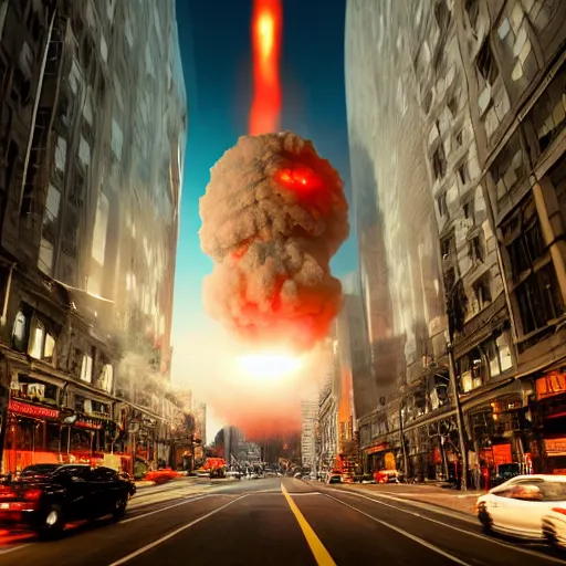 Image similar to centered action photography shot of extremely detailed hyper realistic thermonuclear bomb explosion in a city, professional film photography, 8 k, cinematic framing, cinematic lighting