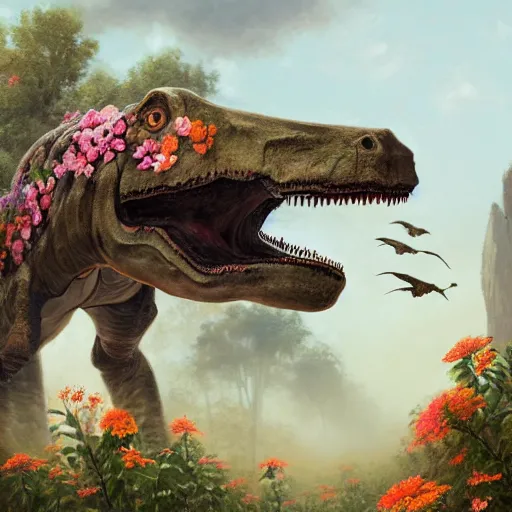 Image similar to Beautiful digital painting of monumental herbivorous dinosaur covered with flowers by Greg Rutkowski and James Gurney, trending on Artstation, deviantart, ultra detail, flower dinosaur