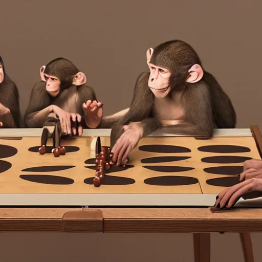 Image similar to A beautiful performance art of a group of monkeys playing backgammon. The monkeys are seated around a table, with some of them appearing to be deep in concentration while others appear to be playing more casually. octane 3d, chestnut by George Tice, by Jamie McKelvie mild, calm