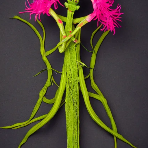 Image similar to studio photograph of a thin green vine creature with vine limbs and a pink blooming flower bulb with many sharp teeth