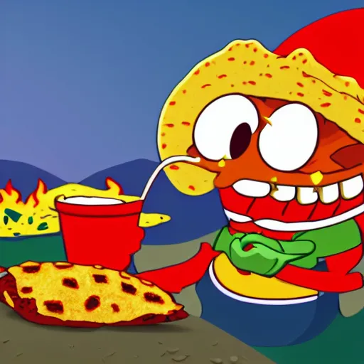 Prompt: cuphead eating a spicy taco in the beach trending on artstation digital paint 4 k render