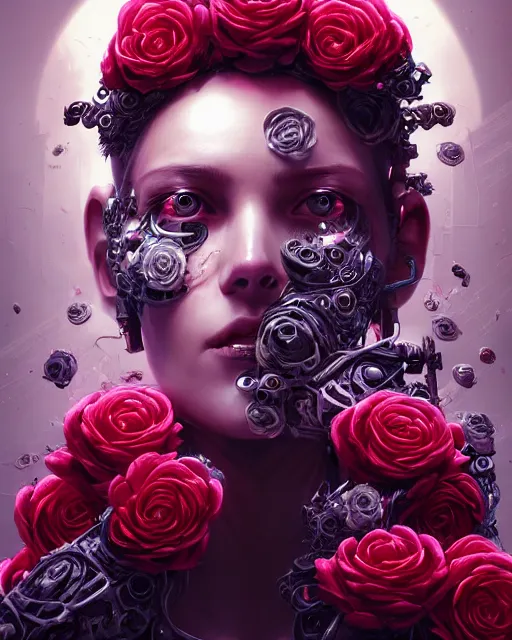 Image similar to portrait of a female face with roses instead of eyes, cyberpunk cyborg. roses, sci - fi, intricate abstract upper body intricate artwork, by tooth wu, wlop, beeple, dan mumford. concept art, octane render, deviantart, greg rutkowski, cinematic arthouse, key art, hyper realism, iridescent accents