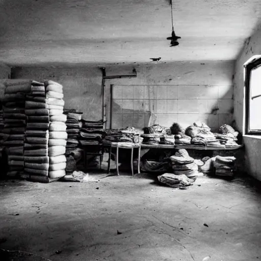 Image similar to An empty kitchen. The smell of a thousand meals linger in the air like an unpleasant memory. Sacks of flour and other supplies are stacked everywhere; the place looks more like a warehouse than a home, as if they aren't going to be cooking anything for at least another two months.