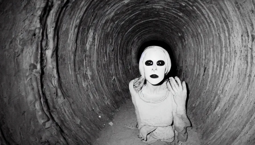 Prompt: portrait of a white female phantom with roots fingers in an empty soviet tunnel, early black and white 8mm, heavy grain, low quality,