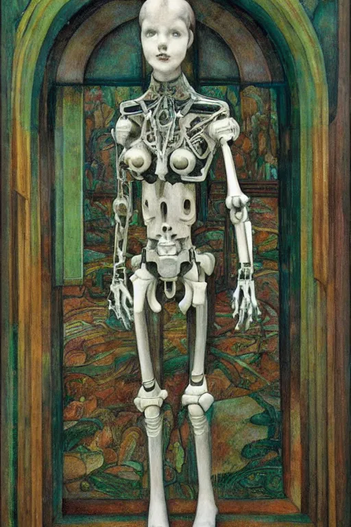 Image similar to the robot wearing her bone crown stands by the window , by Annie Swynnerton and Diego Rivera and Elihu Vedder, symbolist, dramatic lighting, elaborate geometric ornament, Art Brut, soft blues and greens,smooth, sharp focus, extremely detailed, Adolf Wölfli, octane render