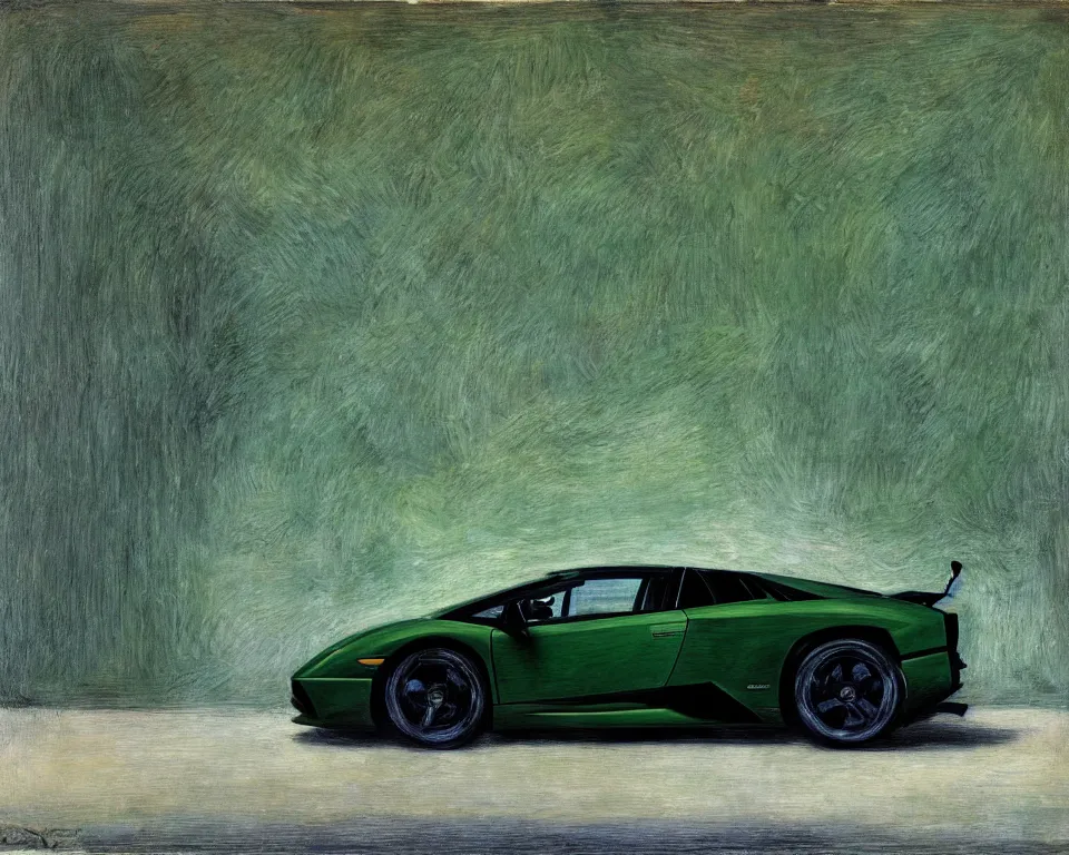 Prompt: an abstract, flat side view of a dark green Lamborghini Murcielago . intricate, vibrant, Raphael, Monet, Rene Margritte.