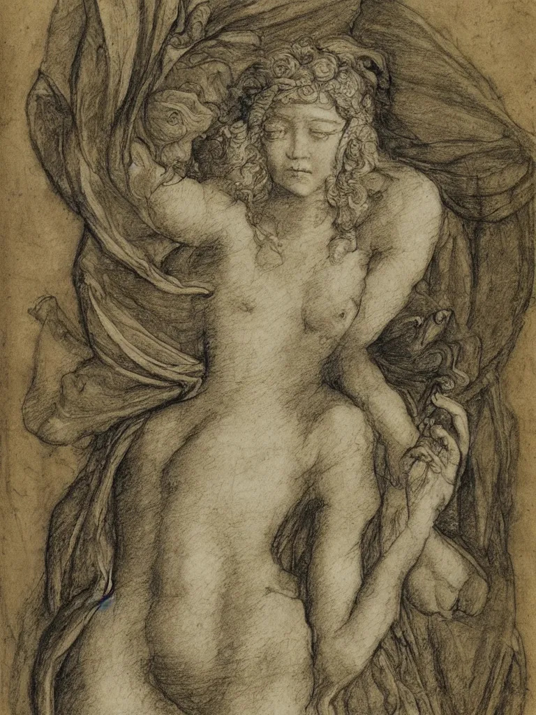 Image similar to sketch, study of a fairy, in the style of leonardo da vinci, with written notes, annotations, sketchbook