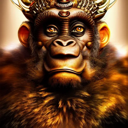 Image similar to biomechanical monkey king ,hyper-realistic portrait, dramatic lighting, artstation, photorealistic hanuman