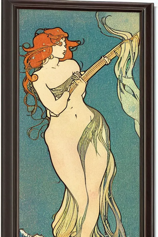 Prompt: illustration of a mermaid playing an electric guitar, Art Nouveau by Mucha