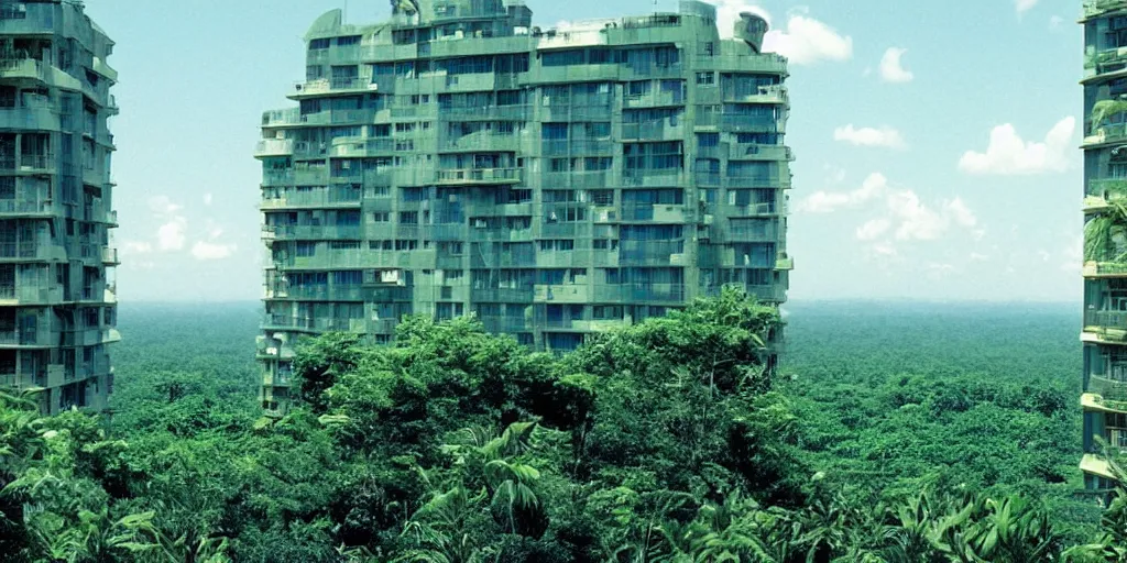 Image similar to a luxury apartment with large windows, 1 9 8 0 s science fiction, windows overlooking a lush alien teal and orange jungle landscape, sci - fi film still, screenshot from a science fiction movie, ridley scott,