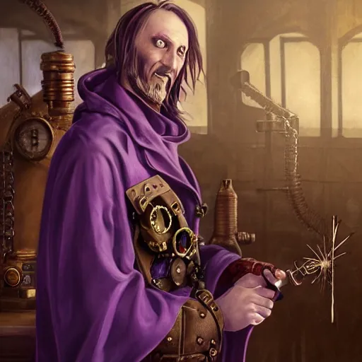 Prompt: portrait headshot of a single steampunk demonic lich wizard in a purple robe posing with wands, matte painting of steam machines, airships on background, by Antonio Caparo and tyler edlin and lindsey look, victorian, concept art, steam romance, steam-punk illustration, detailed, 4k resolution, CGSociety