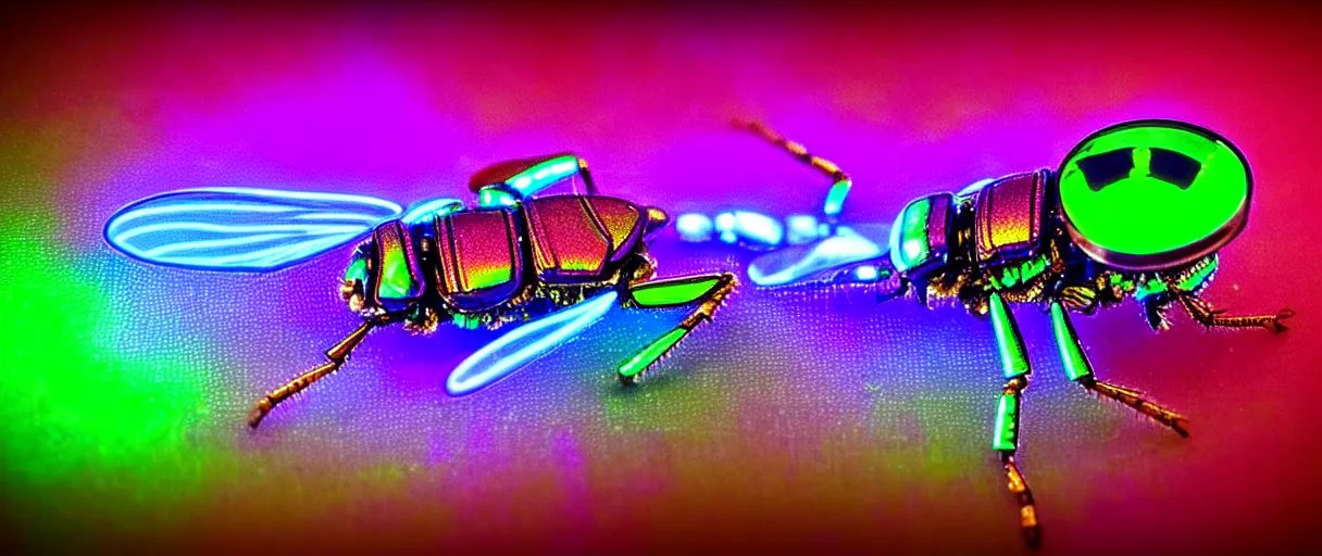 Prompt: high quality photo glowy iridescent cyborg fly! jeweled very beautiful! highly detailed digital art david ligare elson peter cinematic purple neon lighting high quality low angle hd 8k sharp shallow depth of field