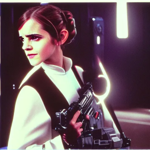 Prompt: film still of emma watson as princess leia organa in star wars, polaroid, photography, film, kodak