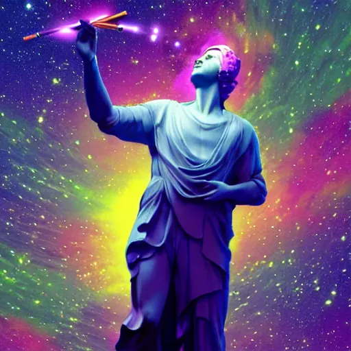 Prompt: the statue of helios in a business suit smoking a cigarette in space, vaporwave, chromatic abberation, highly detailed