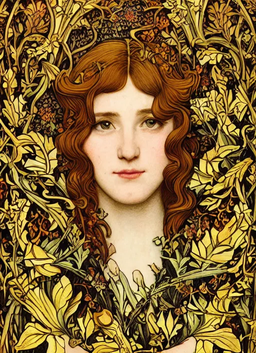 Image similar to masterpiece beautiful seductive flowing curves pinup pose preraphaelite face portrait photography, extreme close up shot, straight bangs, thick set features, yellow ochre ornate medieval dress, amongst inside foliage mushroom forest circle arch, william morris and kilian eng and mucha, framed, 4 k