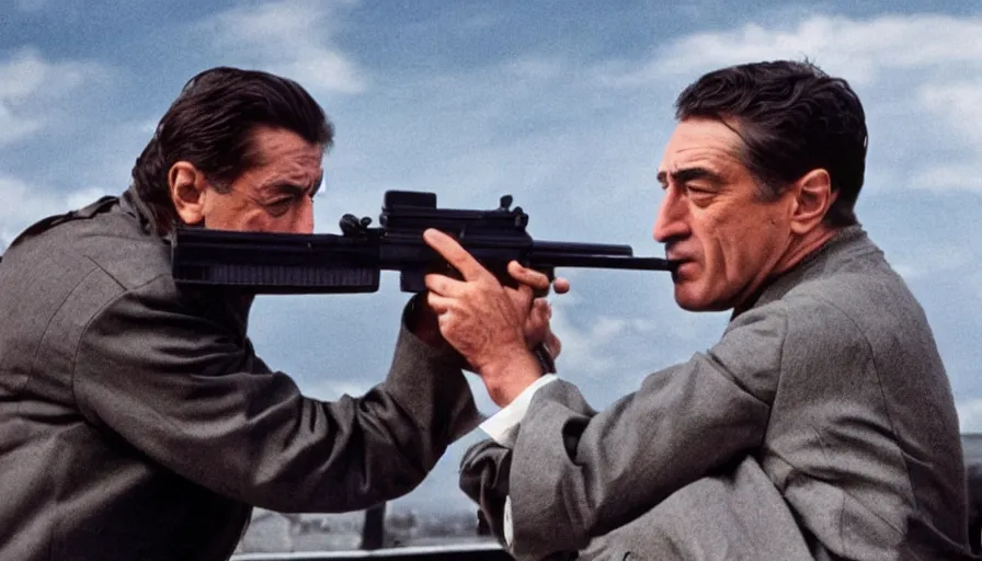 Image similar to Robert De Niro fires M16, movie still, sharp, highly detailed, hollywood movie