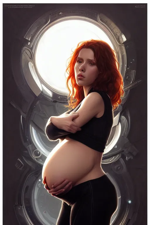 Image similar to pregnant black widow, realistic portrait, symmetrical, highly detailed, digital painting, artstation, concept art, smooth, sharp focus, illustration, cinematic lighting, art by artgerm and greg rutkowski and alphonse mucha