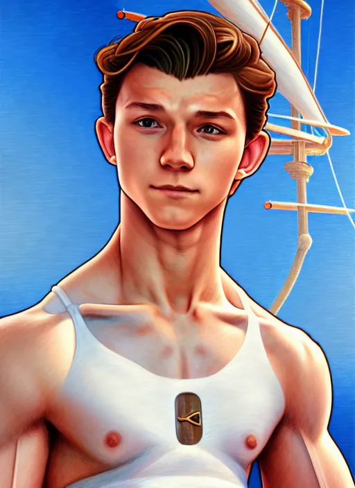 Image similar to muscular cute tom holland wearing white sailor outfit on a steam boat, natural lighting, path traced, highly detailed, high quality, digital painting, by don bluth and ross tran and studio ghibli and alphonse mucha, artgerm