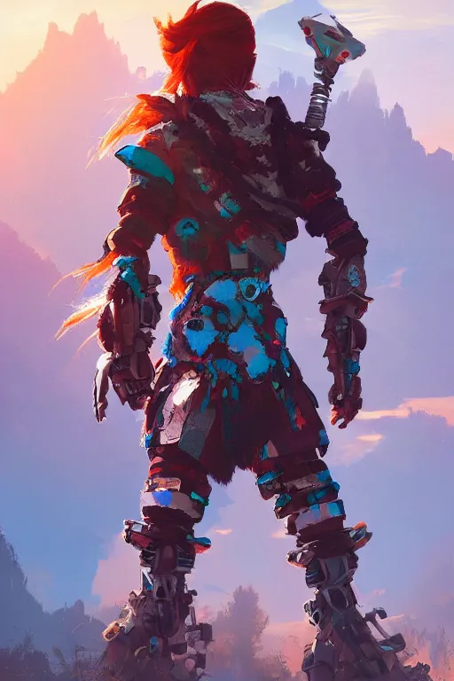 Image similar to combination suit armor aloy horizon forbidden west horizon zero dawn radiating a glowing aura global illumination ray tracing hdr fanart arstation by ian pesty and alena aenami artworks in 4 k tribal robot ninja mask helmet backpack