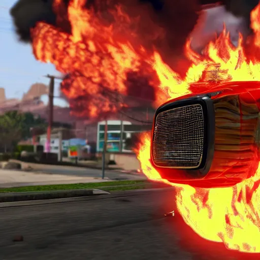 Image similar to burning computer in gta, 8k, realistic