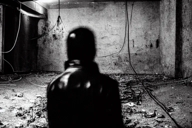 Image similar to a man in black in leather, watching a black hole forming in the grimy grungy basement of an abandoned apartment block, wires, cables, grainy black and white photography