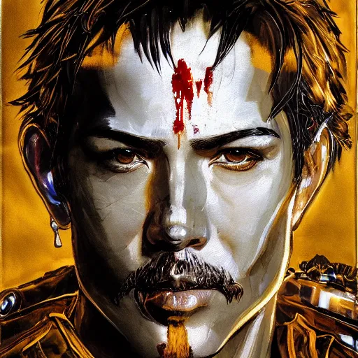 Prompt: portrait of a hero holding his sword in front of his face by yoji shinkawa, high quality, extra details, realism, ornate, colored, golden chain, blood, white skin, short hair, brown eyes, vivid, sunlight, dynamic, american man, military, futuristic freedom, white american soldier, painting