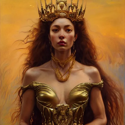 Image similar to highly detailed portrait of a majestic lioness queen in the form of a beautiful woman. d & d. art by donato giancola, eugene delacroix, ruan jia, alberto vargas. trending on artstation, intricate details, energetic composition, golden ratio, concept art, illustration, elegant art, global illuminaition