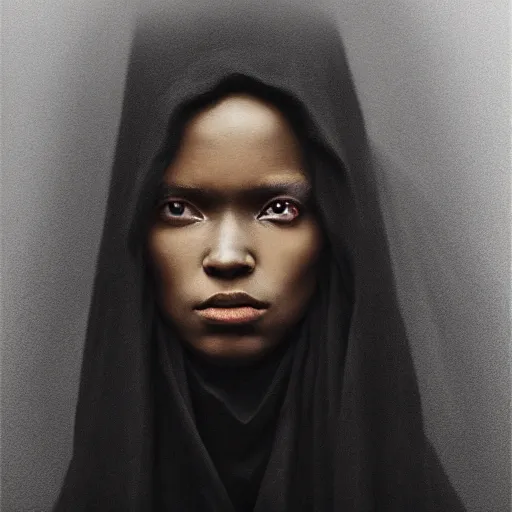 Image similar to a portrait of a young black woman wearing a long dark cloak, hood and shadows covering face, anatomically correct, beautiful perfect face, enigmatic, oil painting, matte painting, black background, Volumetric dynamic lighting, Highly Detailed, Cinematic Lighting, Unreal Engine, 8k, HD, by Beksinski