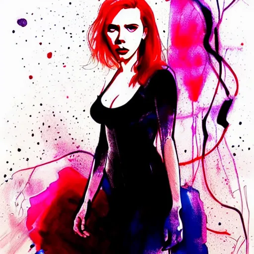 Prompt: phil noto, pretty scarlett johansson black widow, symmetrical eyes, long red hair, full body, by agnes cecile and moebius and envi bikal, very luminous design, pastel colours, ink drips, autumn lights