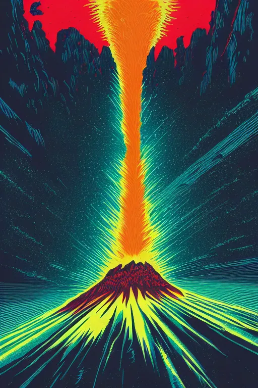 Image similar to artwork of an exploding volcano by kilian eng and dan mumford and toshi yoshida and peter doig, vintage scifi, high details, dramatic lightning,, 8 k