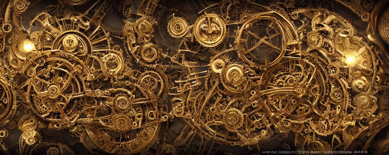 Prompt: dynamic composition, intricate layered golden clockwork machine with cogs!!!!!! and gears!!!, extremely detailed, steampunk, art deco!, ornate gilded cosmic machine, in the style of simon lee and jama jurabaev, engraved, artgerm, wlop, featured on cgsociety, unreal engine, 8 k render, octane, raytracing