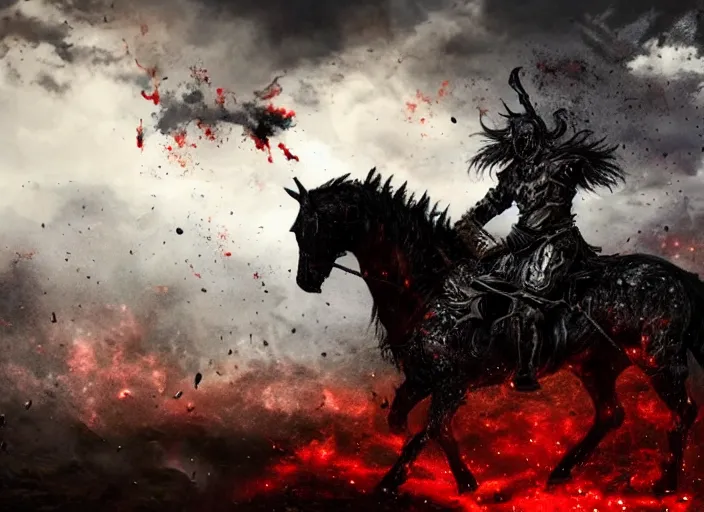 Image similar to a large warrior in full plate of black armor, splattered with blood, riding a large black warhorse, nightmare with red glowing eyes and red glowing mane and tail, blackened clouds cover sky crackling with lightning and rain in the distance, a castle in distance in flames and ruins, the ground is dark and cracked,