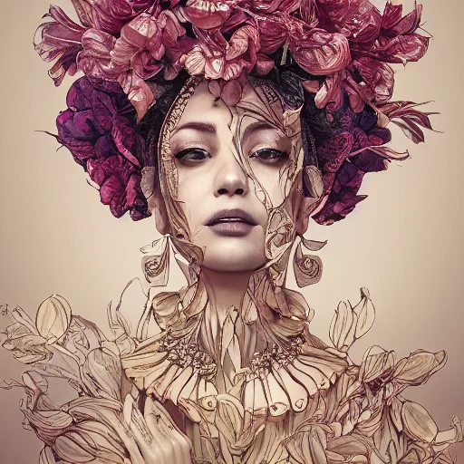 Prompt: the portrait of an absurdly beautiful, graceful, elegant mature woman made of bananas and petals looking up, an ultrafine detailed illustration by kim jung gi, irakli nadar, intricate linework, bright colors, octopath traveler, final fantasy, angular, unreal engine 5 highly rendered, global illumination, radiant light, detailed and intricate environment