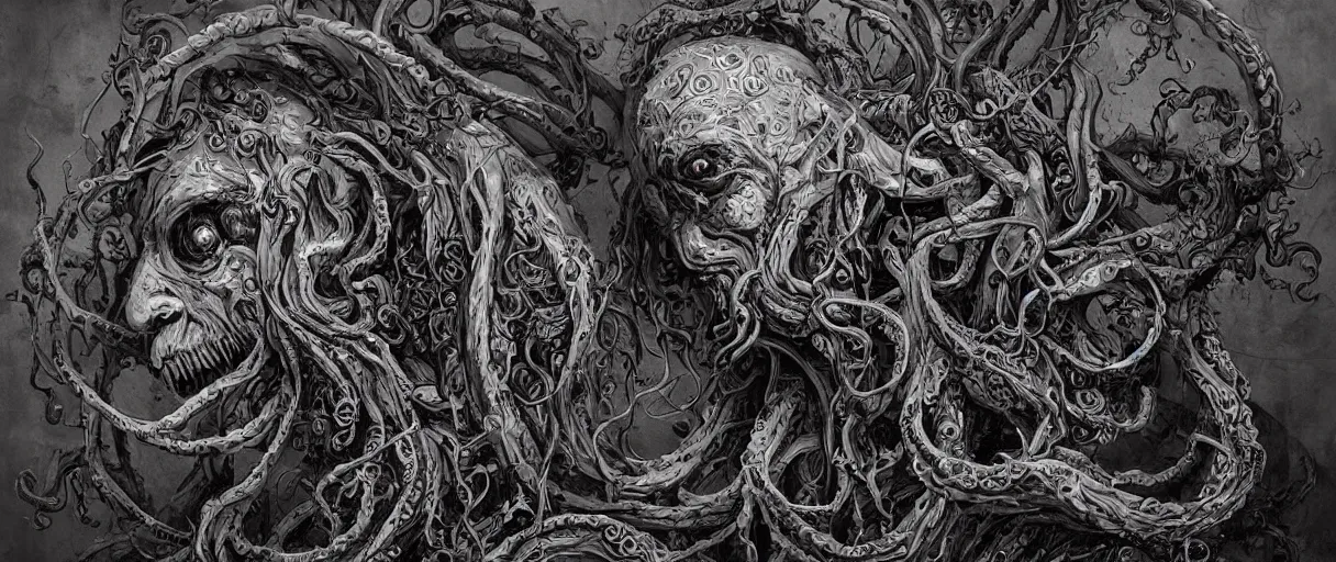 Image similar to centered horrifying detailed side view profile portrait of a insane, crazed, mad old bald zombie, cthulhu, eldritch abomination, dunwitch horror, ornate tentacles growing around, ornamentation, thorns, vines, tentacles, elegant, beautifully soft lit, full frame, 8 k by wayne barlowe, peter mohrbacher, kelly mckernan, h r giger