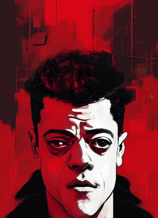 Image similar to highly detailed closeup art portrait of rami malek, elliot alderson, black hoody by atey ghailan, by greg rutkowski, by greg tocchini, by james gilleard, by joe fenton, by kaethe butcher, gradient red, black and white color scheme, grunge aesthetic!!! ( ( graffiti tag wall background ) )