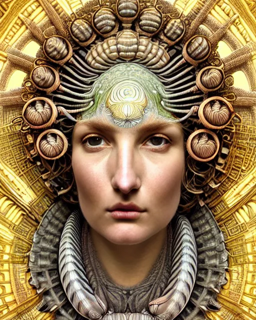 Image similar to hyperrealistic detailed face portrait of the beautiful goddess of the giant isopods with an intricate golden ornamental geometrical fractal giant isopod masked headdress, art by ernst haeckel, john william godward, android jones, alphonso mucha, h. r. giger, gothic - cyberpunk, ornamental, dimmed pastel colours,