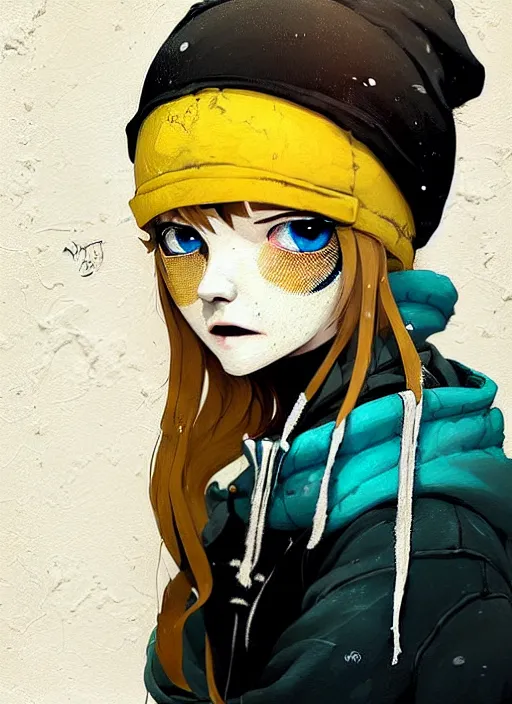 Image similar to highly detailed portrait of a sewerpunk student lady, blue eyes, hoody, beanie hat, white hair by atey ghailan, dustin nguyen, by greg rutkowski, by joe fenton, by greg tocchini, by kaethe butcher, gradient yellow, black, brown and cyan color scheme, grunge aesthetic!!! ( ( graffiti tag wall background ) )