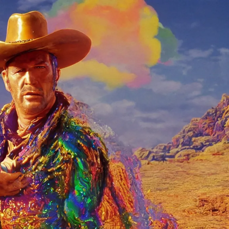 Prompt: 1 9 7 0's spaghetti western film octane render portrait by wayne barlow and carlo crivelli and glenn fabry, a person wearing a shiny colorful iridescent latex suit and cowboy hat covered in colorful slime, standing in a colorful scenic western landscape with multicolored clouds, cinema 4 d, ray traced lighting, very short depth of field, bokeh