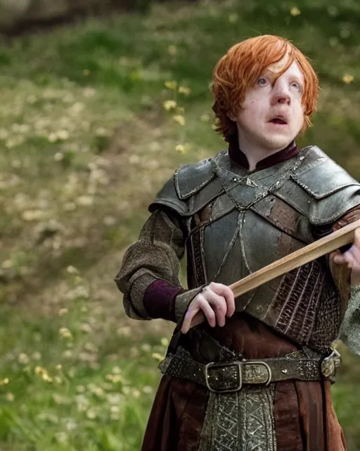 Prompt: adult rupert grint with a normal sized head cast as dandelion playing a lute in the witcher netflix series