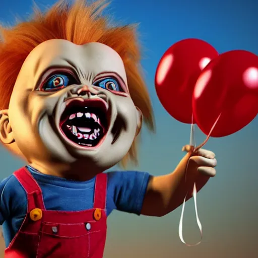 Image similar to screaming chucky doll balloons octane render