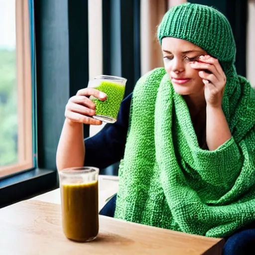 Prompt: knitted blankets women drinking green juice in front of window with a courtyard in the background